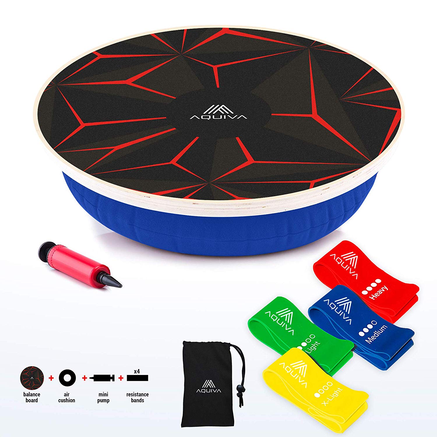 AQUIVA Wooden Wobble Balance Board 15.5" + Air Cushion for Kids and Beginners + Resistance Loop Bands 